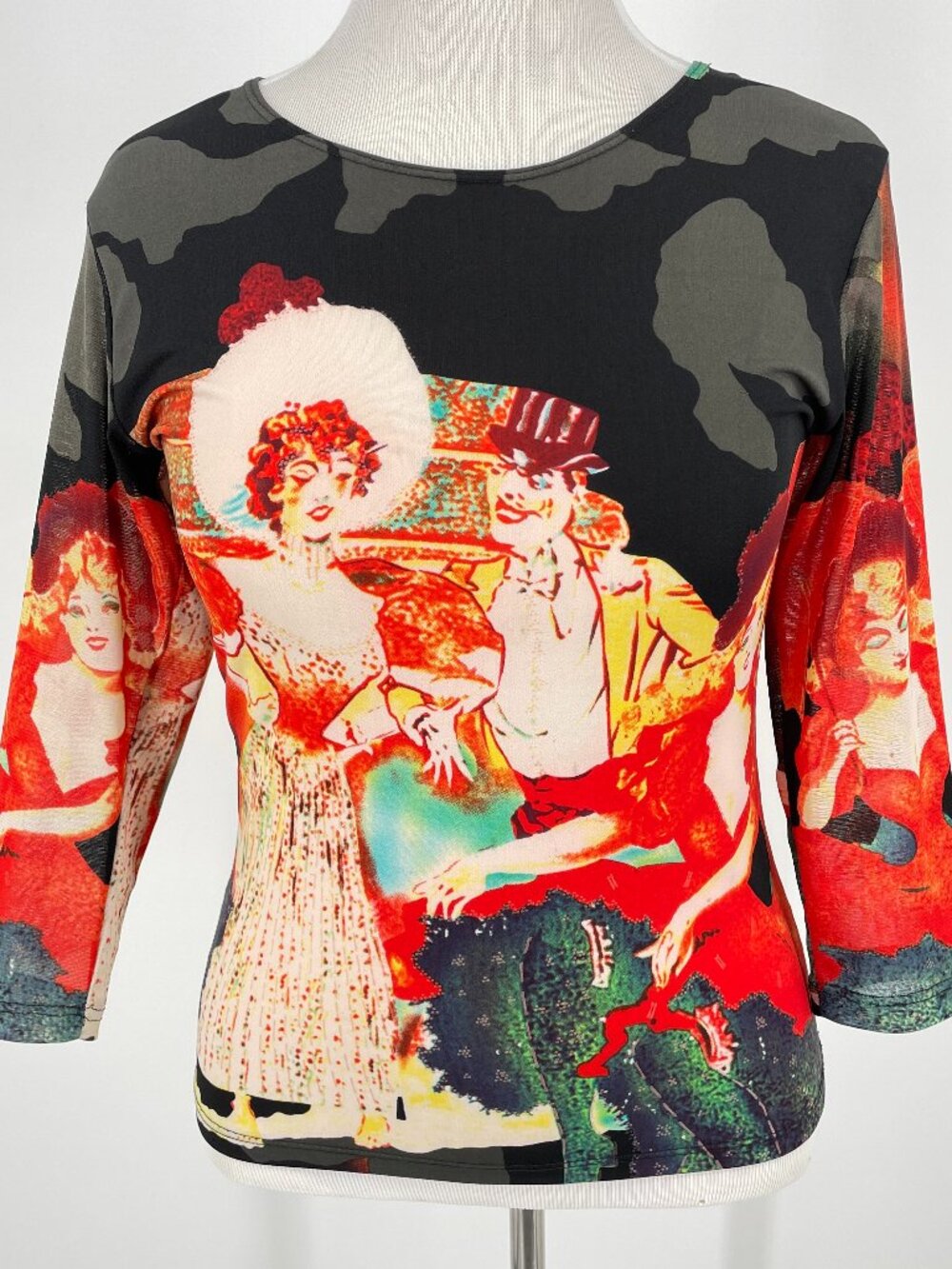 Vintage 90s Jessica Max Cabaret Graphic Top Mesh Sleeve Size M